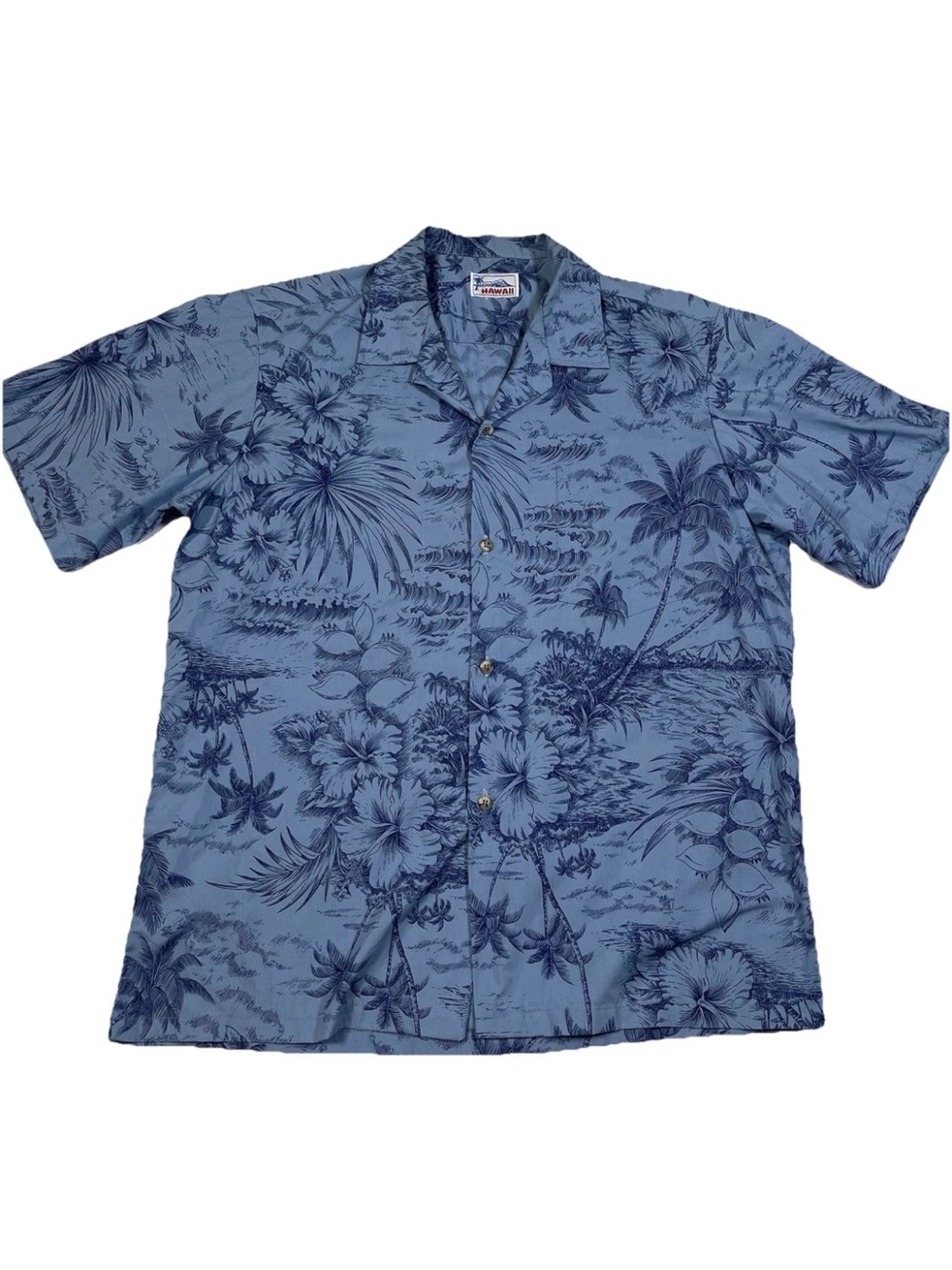 Vintage Hawaiian Aloha Shirt Mens L Blue Floral Hibiscus Made in‎ Hawaii